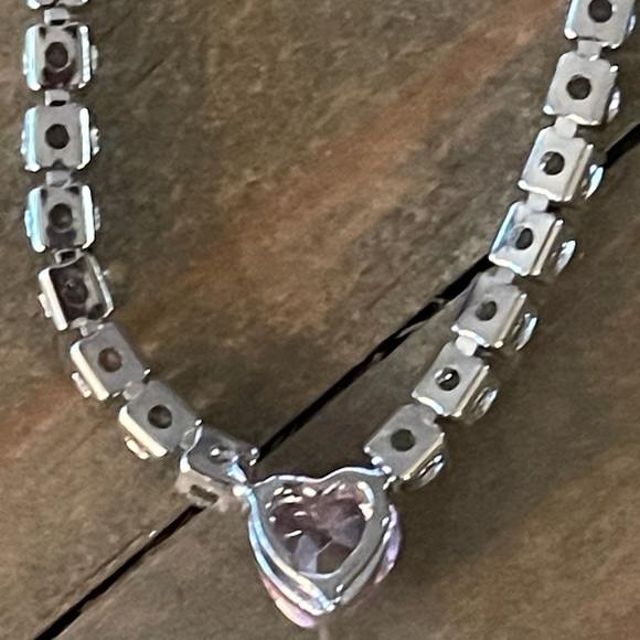 Pink Heart Gemstone, Simulated Cz Rhinestone Tennis, Bridal, Glamorous Necklace - Picture 15 of 15